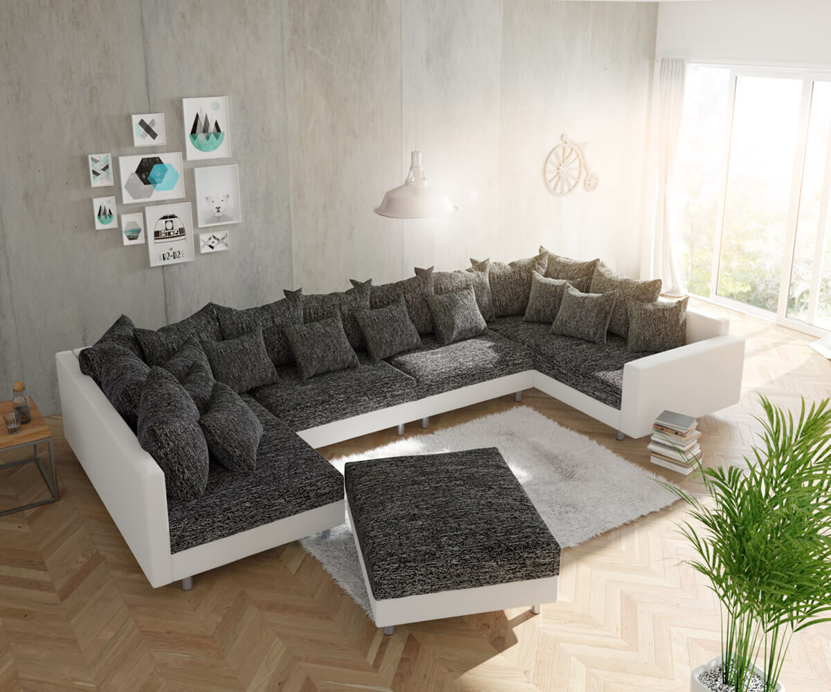 "U alakú kanapé Clovis XL fehér fekete puff karfa moduláris"