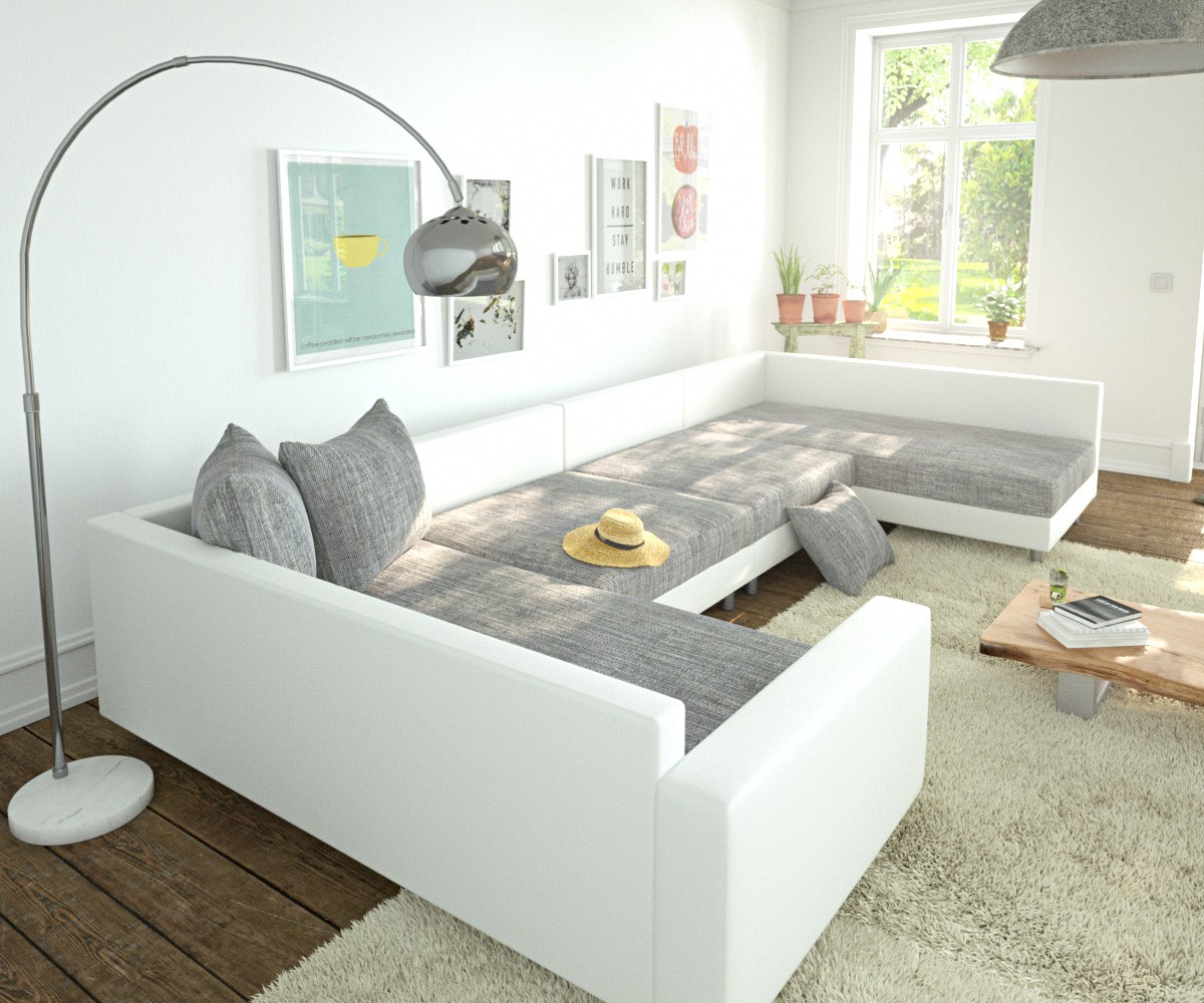 "U alakú kanapé Clovis XL fehér világosszürke puff karfás moduláris" - Image 5