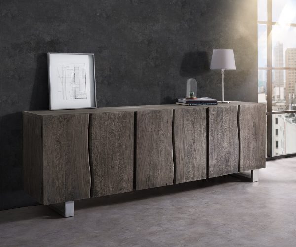 Komód Live-Edge 220 cm akác platina masszív 6 ajtós