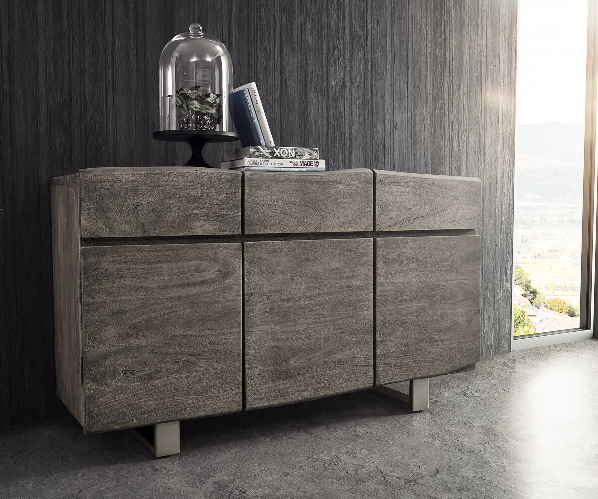 Příborník Live Edge 147 cm platinová akácie 3 dvířka 3 šuplíky