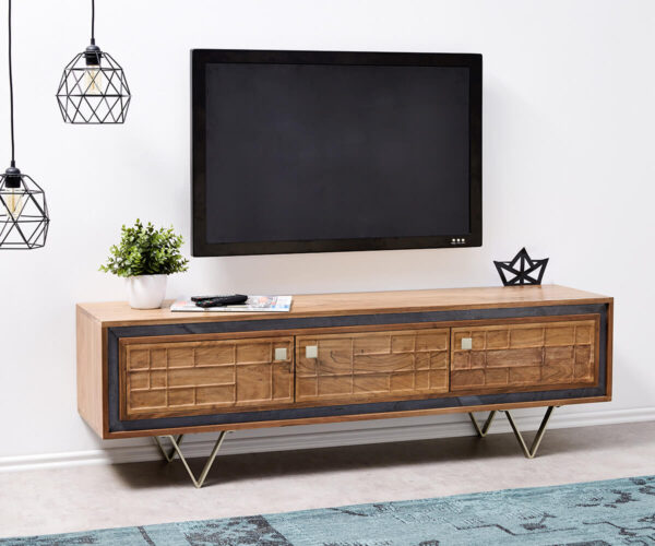 Design TV szekrény Stonegrace 147 cm akác természetes 3D 3 ajtós