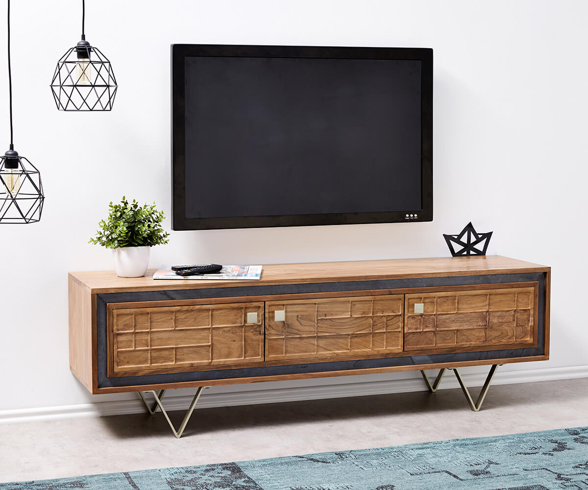 Design TV szekrény Stonegrace 147 cm akác természetes 3D 3 ajtós