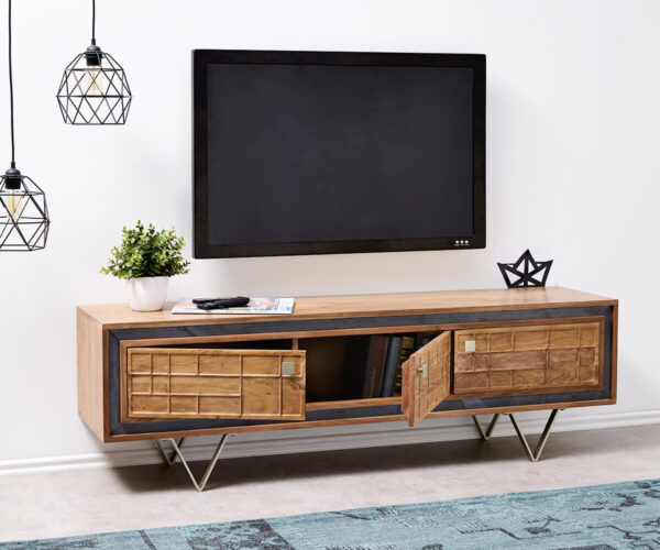 Design TV szekrény Stonegrace 147 cm akác természetes 3D 3 ajtós - Image 4