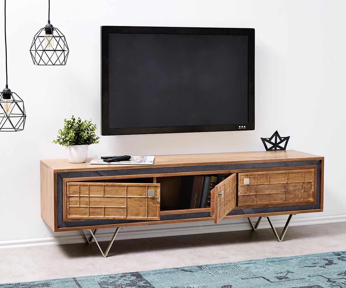 Design TV szekrény Stonegrace 147 cm akác természetes 3D 3 ajtós - Image 4