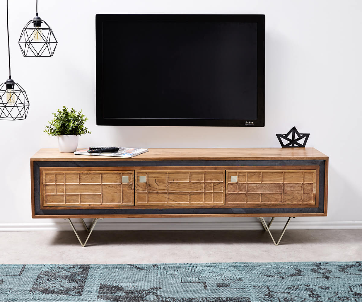 Design TV szekrény Stonegrace 147 cm akác természetes 3D 3 ajtós - Image 2