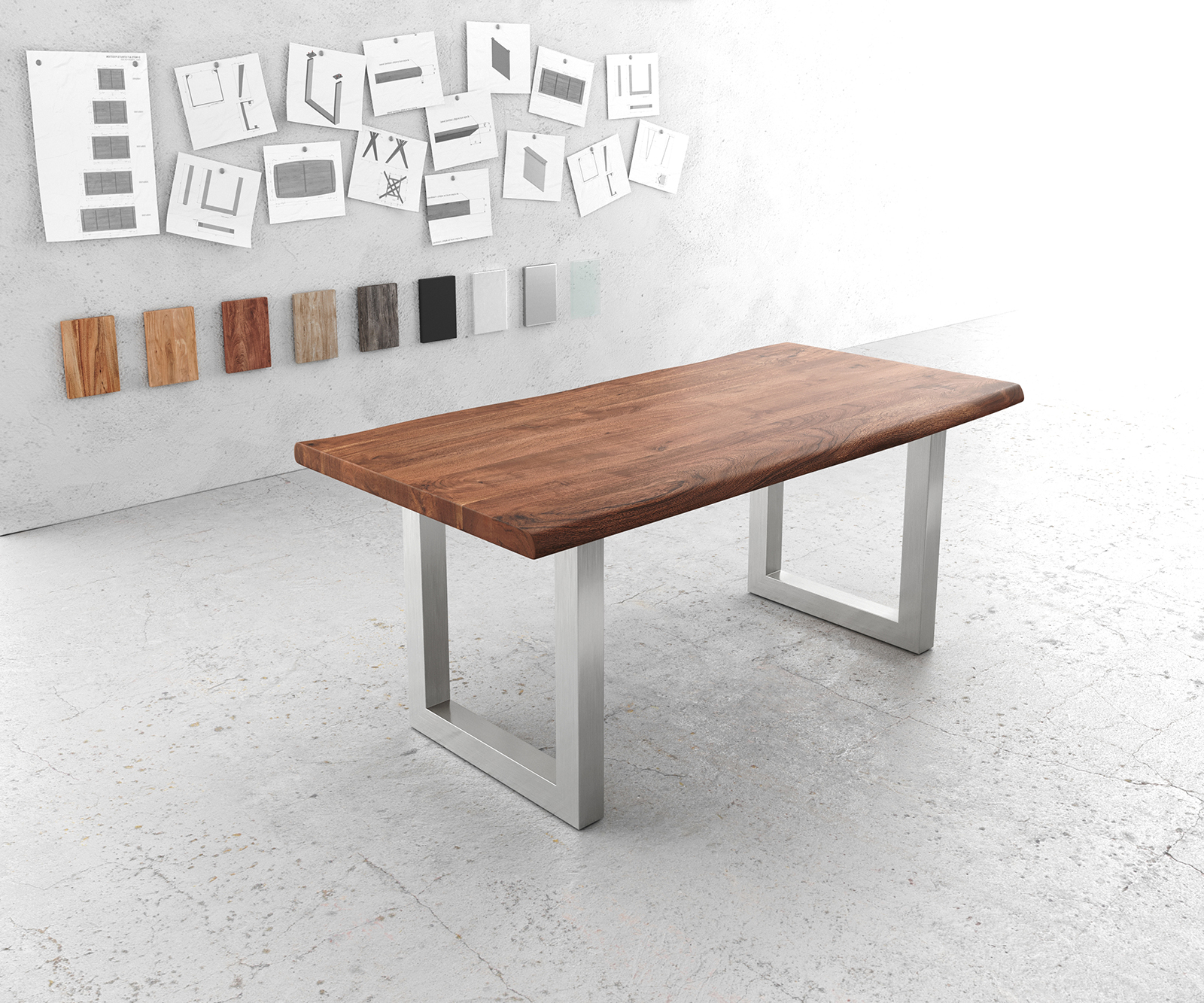 Étkezőasztal Edge 180x90 XL akác barna rozsdamentes acél széles Live-Edge