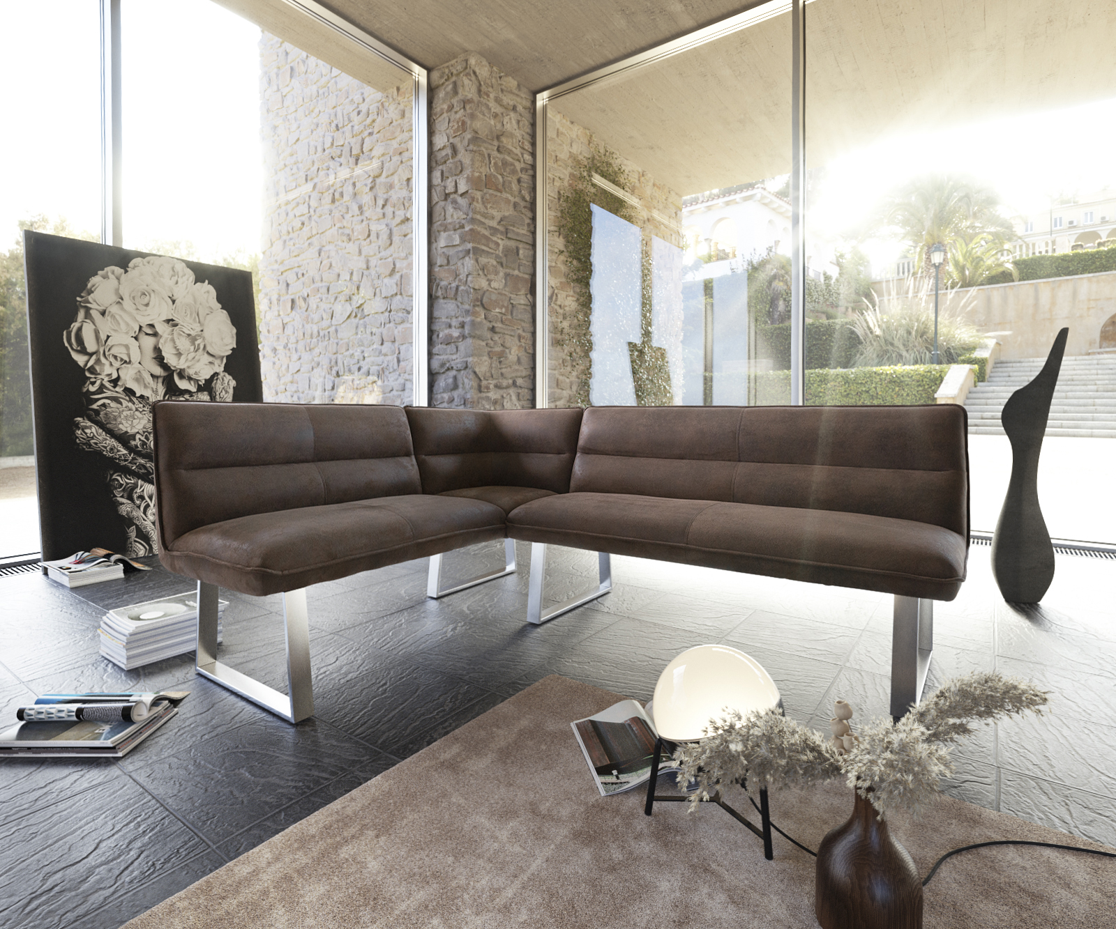 Sarokpad Salvo 200x160 cm barna vintage rozsdamentes acél láb változtatható