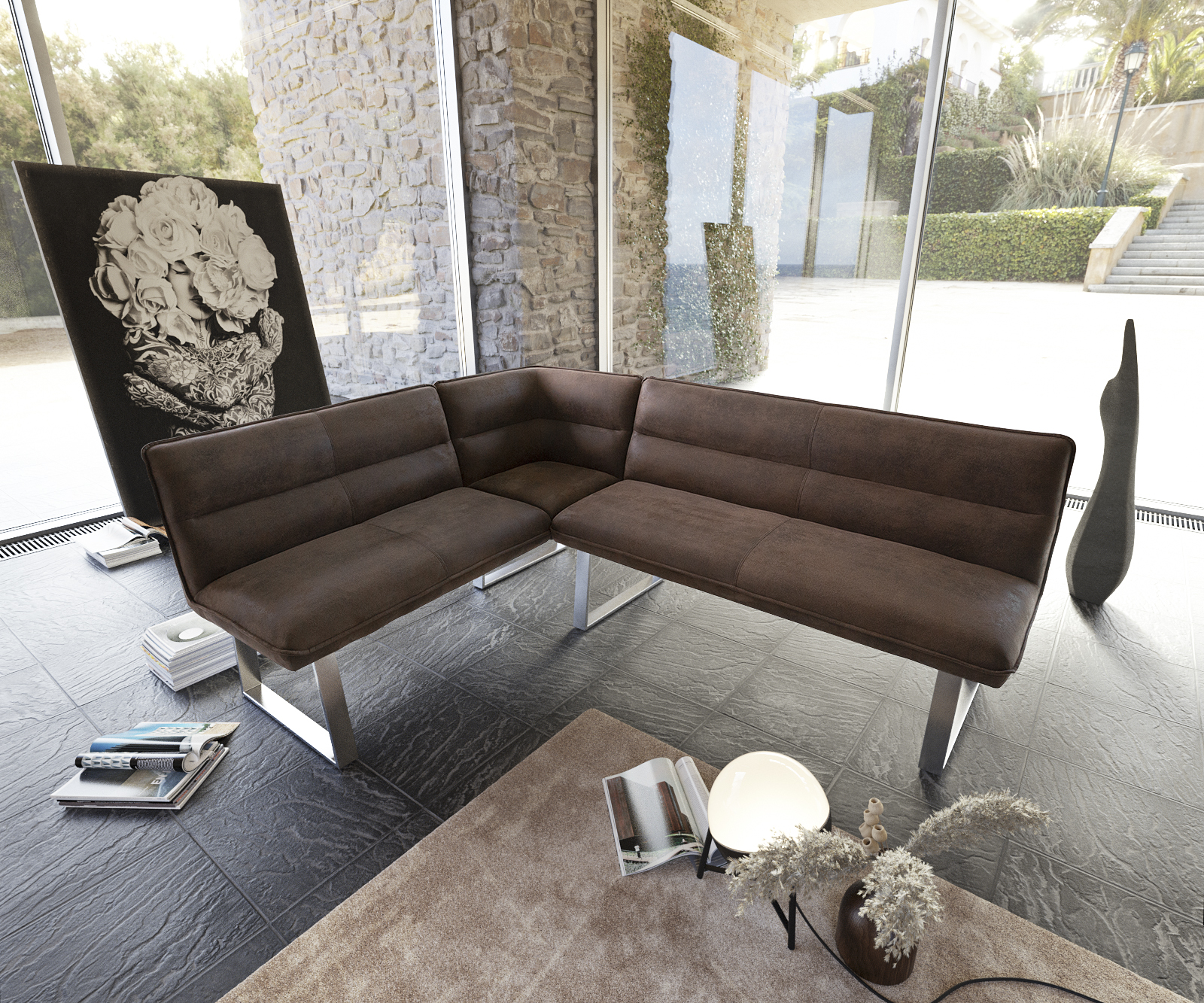 Sarokpad Salvo 200x160 cm barna vintage rozsdamentes acél láb változtatható - Image 2