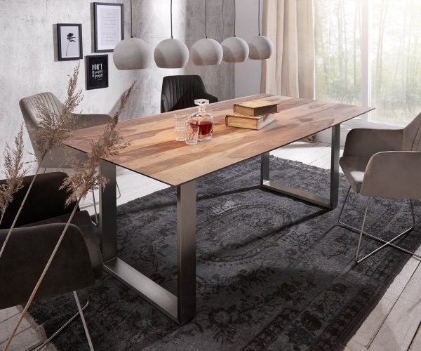 Jídelní stůl Edge 200x100 sheesham přírodní nerezová ocel úzká švýcarská hrana