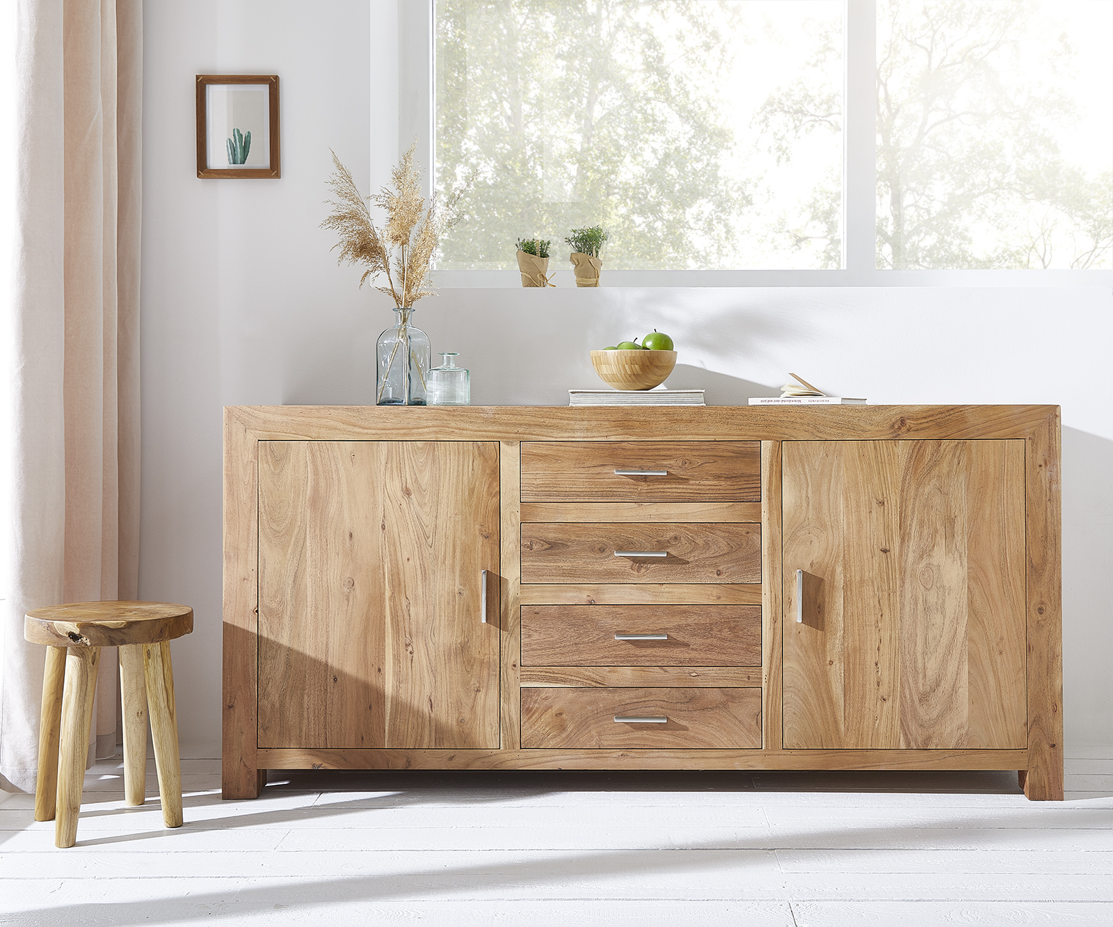 Komoda Indra 170 cm akácie přírodní 4 zásuvky 2 dvířka