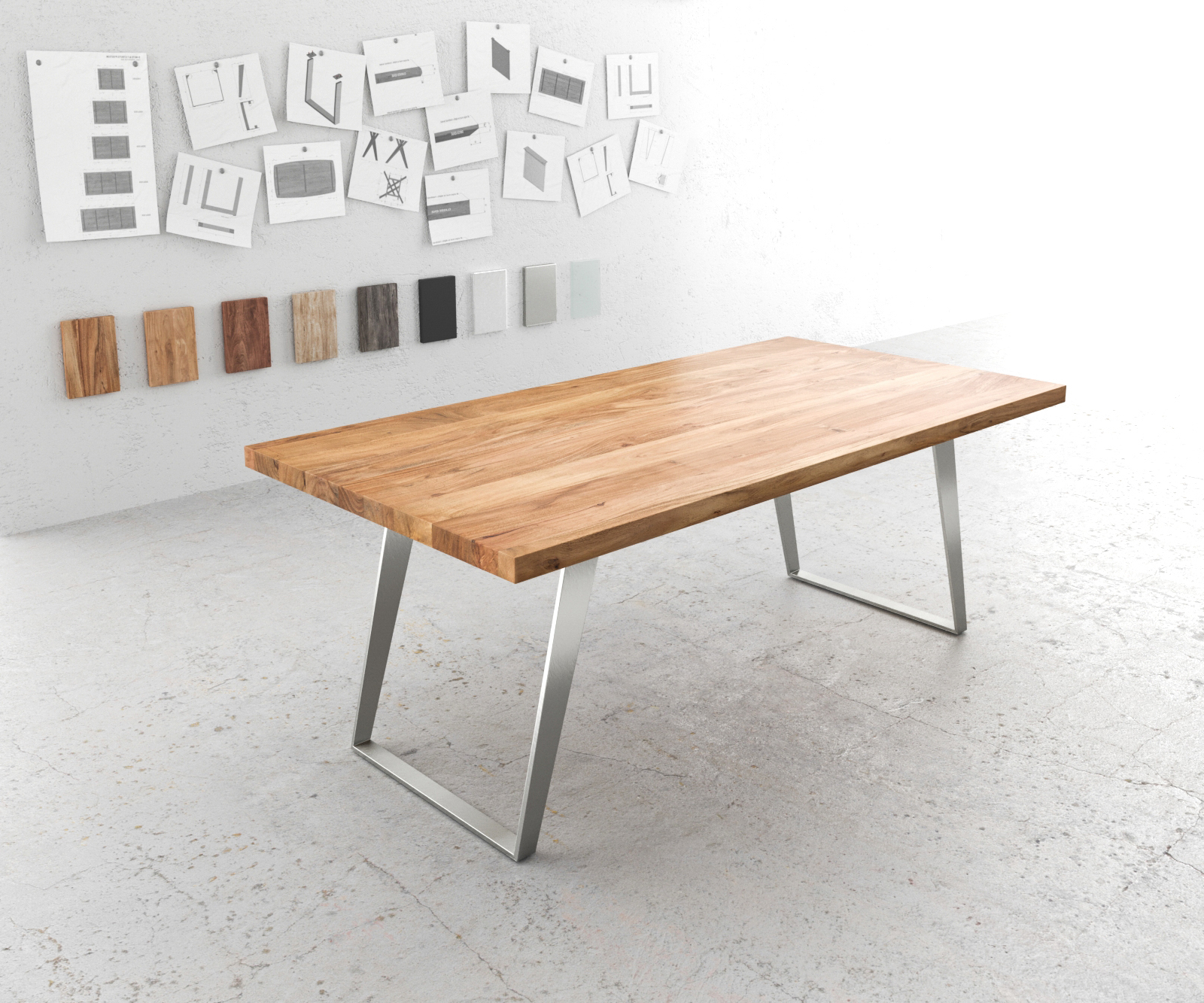 Jídelní stůl Edge 200x100 XL akácie přírodní nerezová ocel šikmá