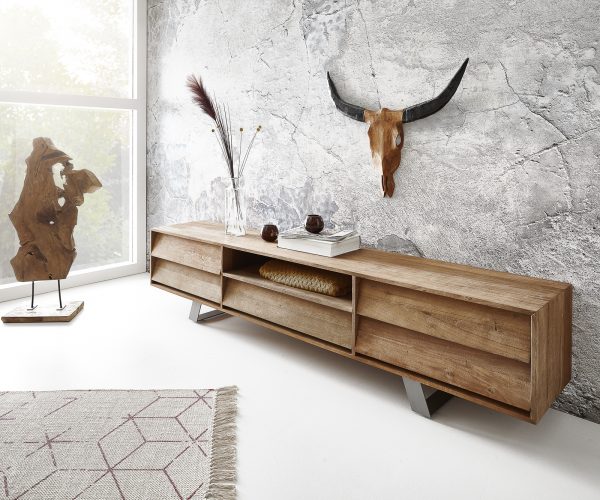 TV stolek Eloi 200x40 cm přírodní exotické dřevo 1 přihrádka 5 zásuvek