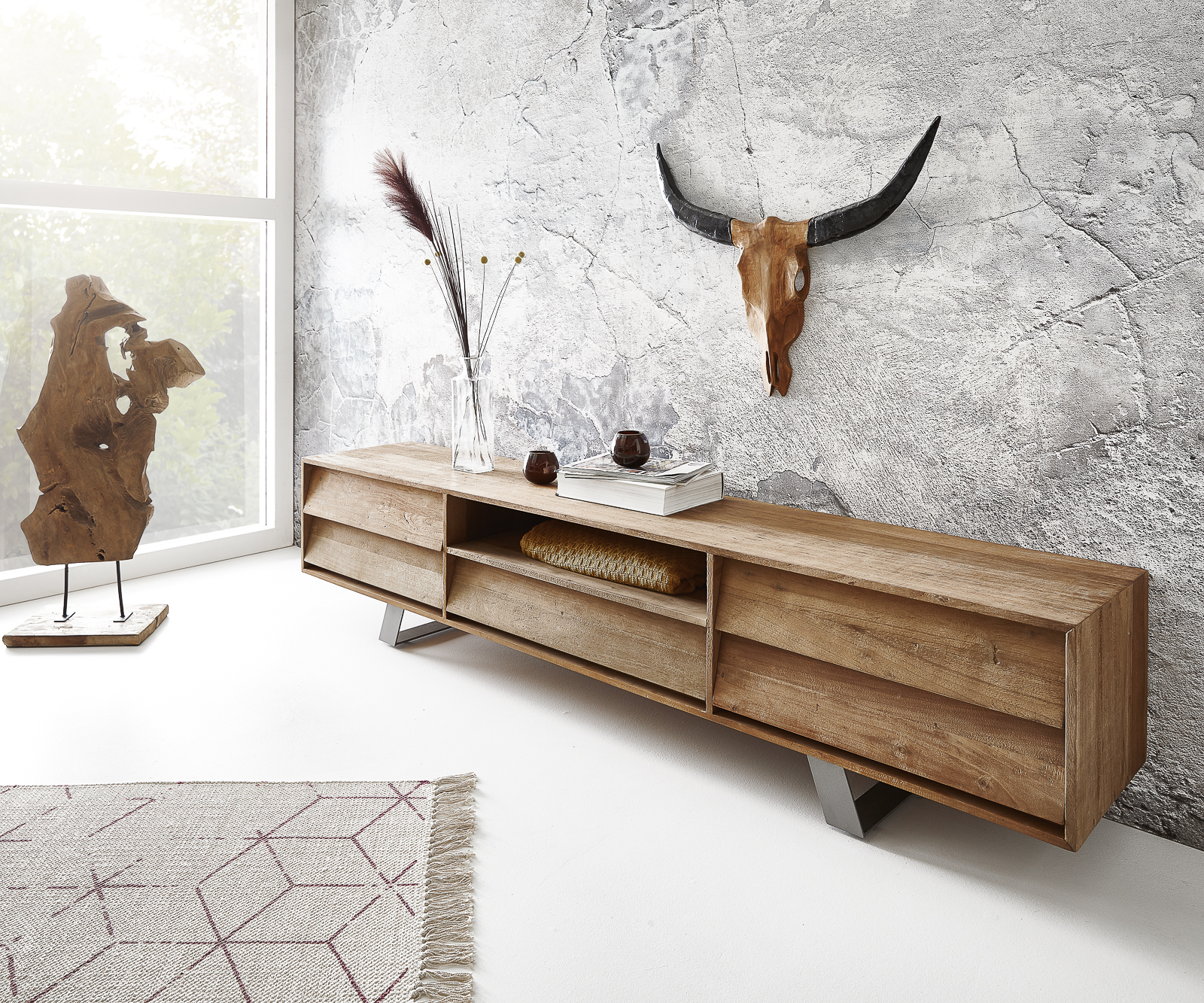 TV stolek Eloi 200x40 cm přírodní exotické dřevo 1 přihrádka 5 zásuvek