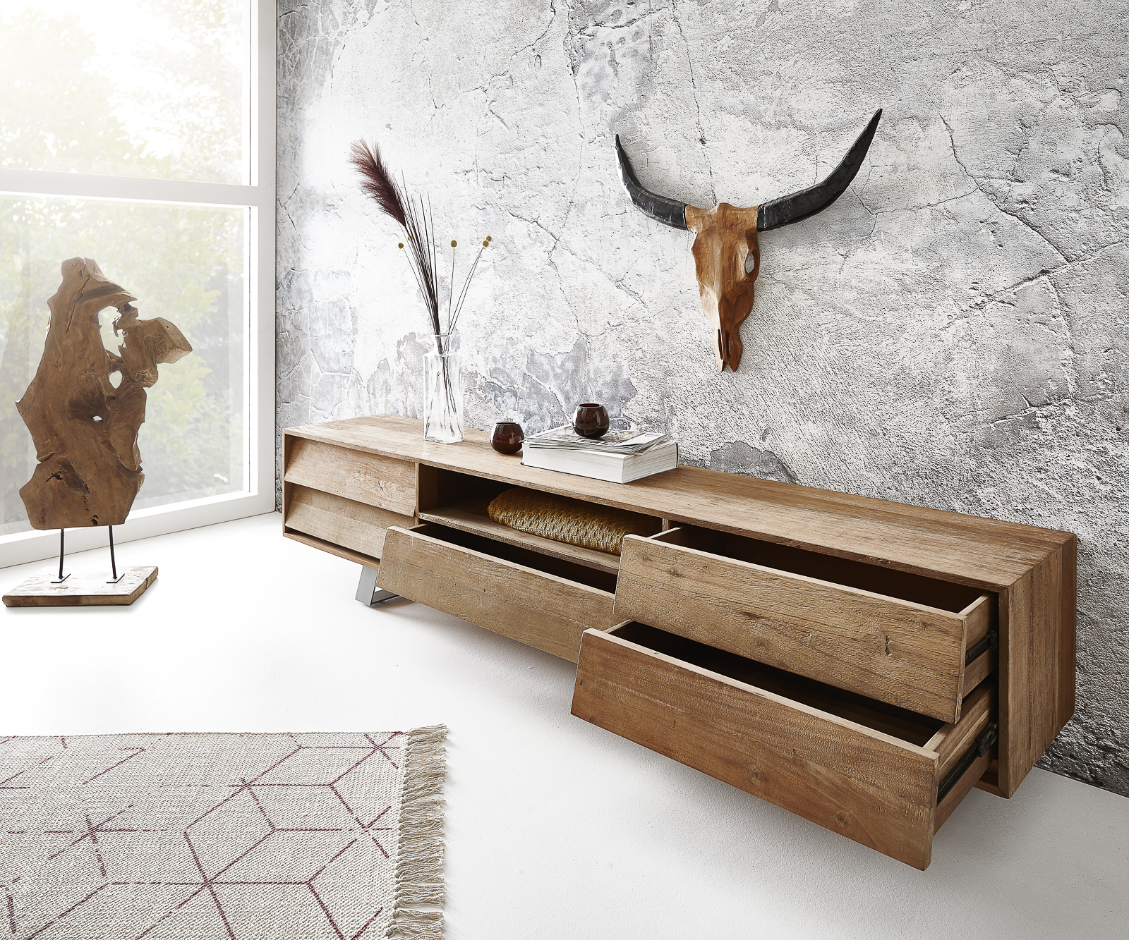 TV stolek Eloi 200x40 cm přírodní exotické dřevo 1 přihrádka 5 zásuvek - Image 4