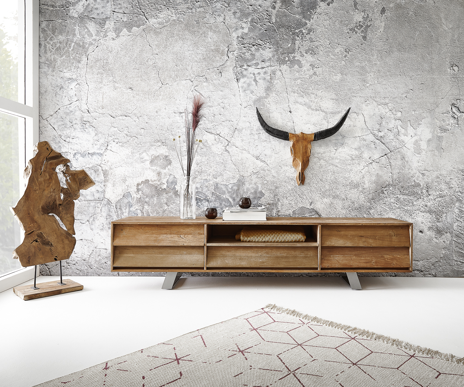 TV stolek Eloi 200x40 cm přírodní exotické dřevo 1 přihrádka 5 zásuvek - Image 2