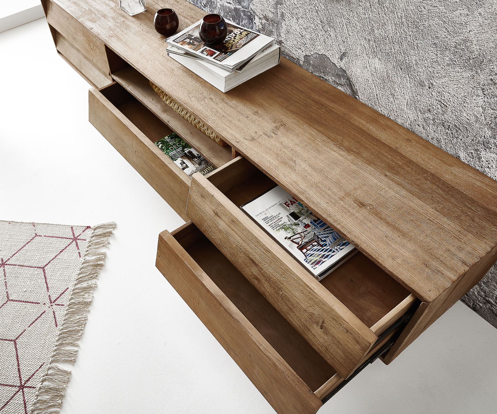 TV stolek Eloi 200x40 cm přírodní exotické dřevo 1 přihrádka 5 zásuvek - Image 6