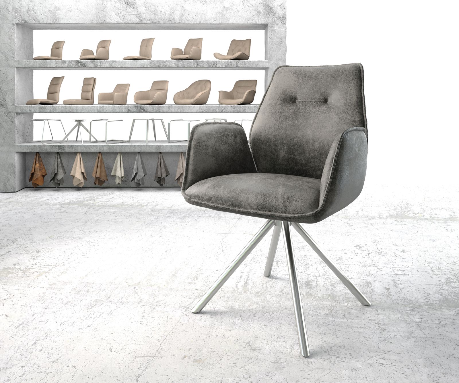 Otočná židle Zoa-Flex šedá vintage křížová podnož kulatá otočná nerezová ocel