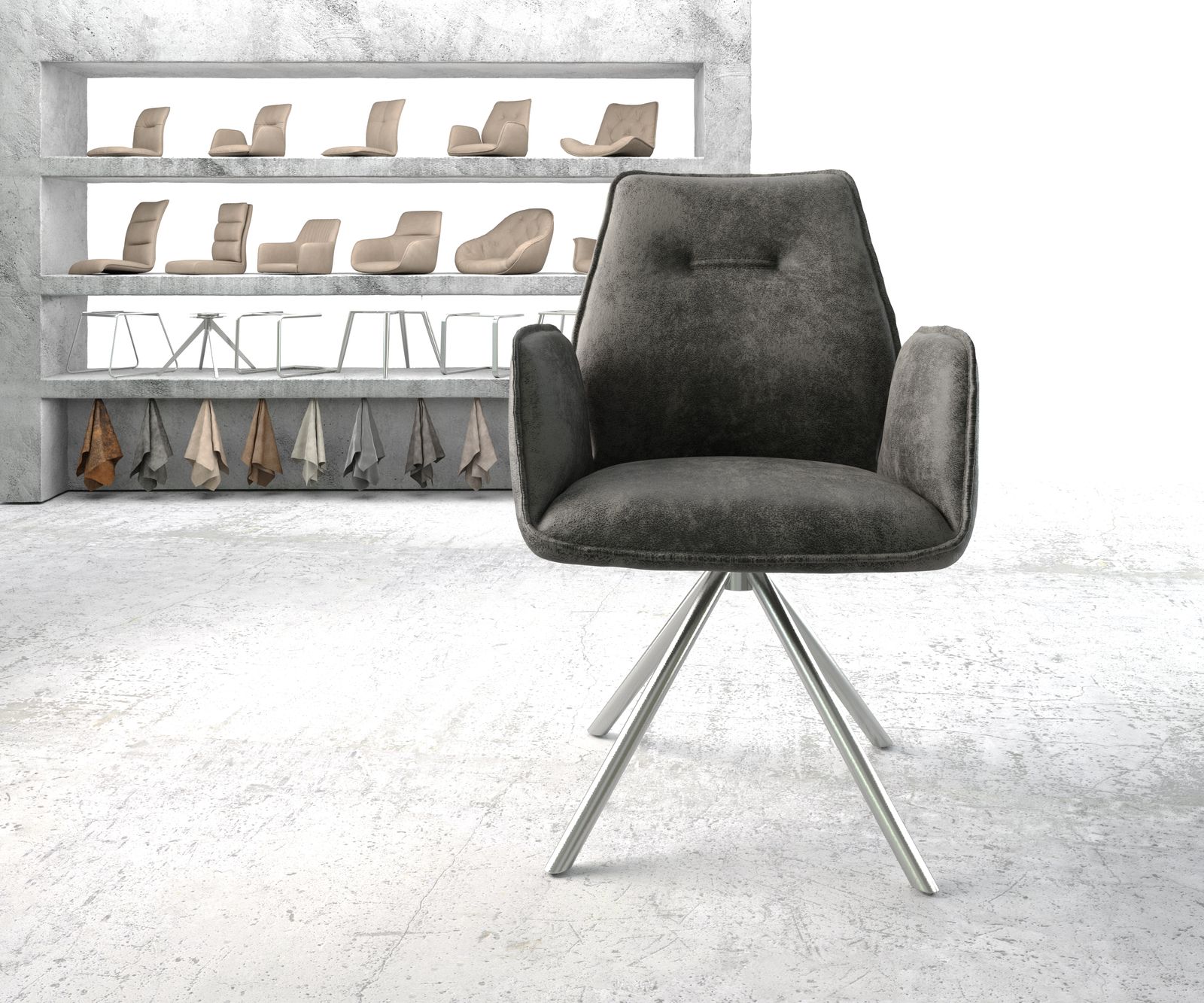 Otočná židle Zoa-Flex šedá vintage křížová podnož kulatá otočná nerezová ocel - Image 2