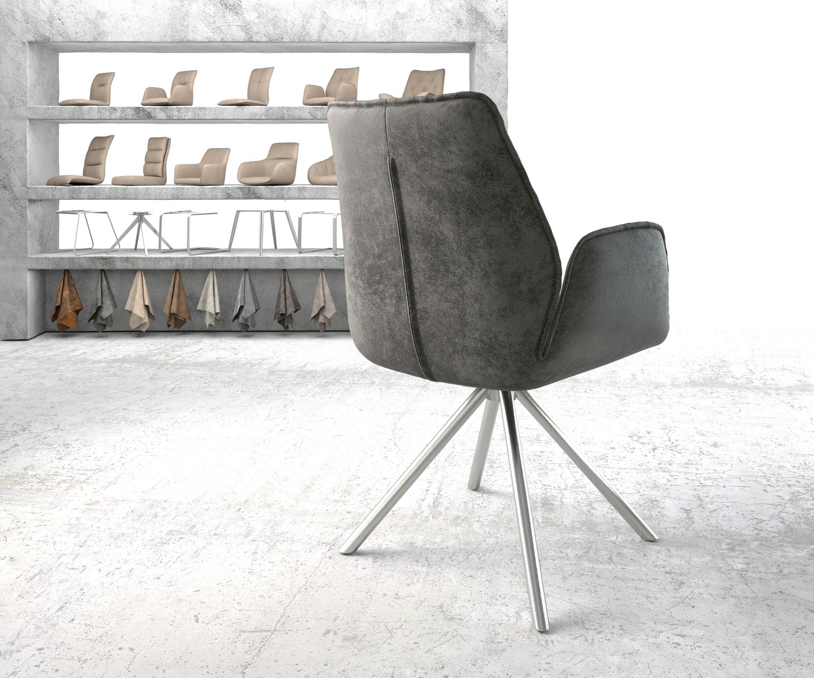 Otočná židle Zoa-Flex šedá vintage křížová podnož kulatá otočná nerezová ocel - Image 3