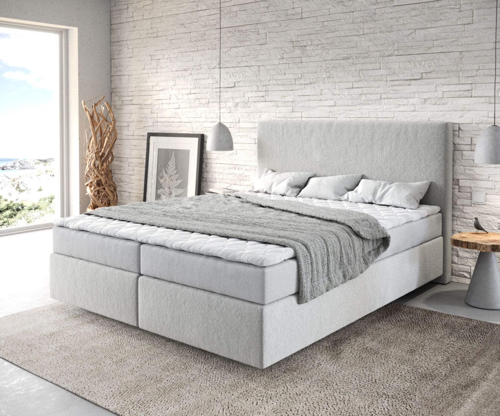 Postel Boxspring Dream-Well 160x200 cm z mikrovlákna Stříbrno Šedá s matrací a topperem