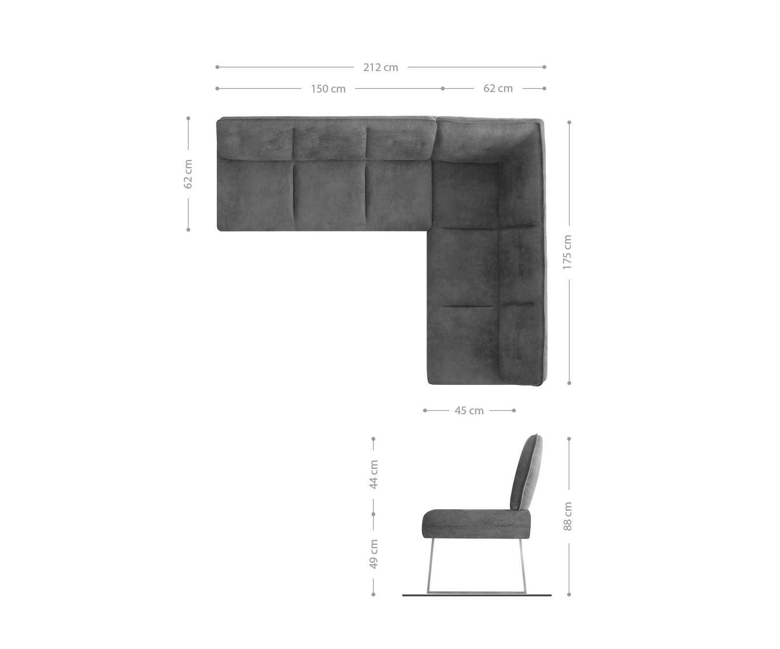 Rohová lavice Pavle 200x170 cm šedá vintage kovová černá podnož variabilní - Image 8