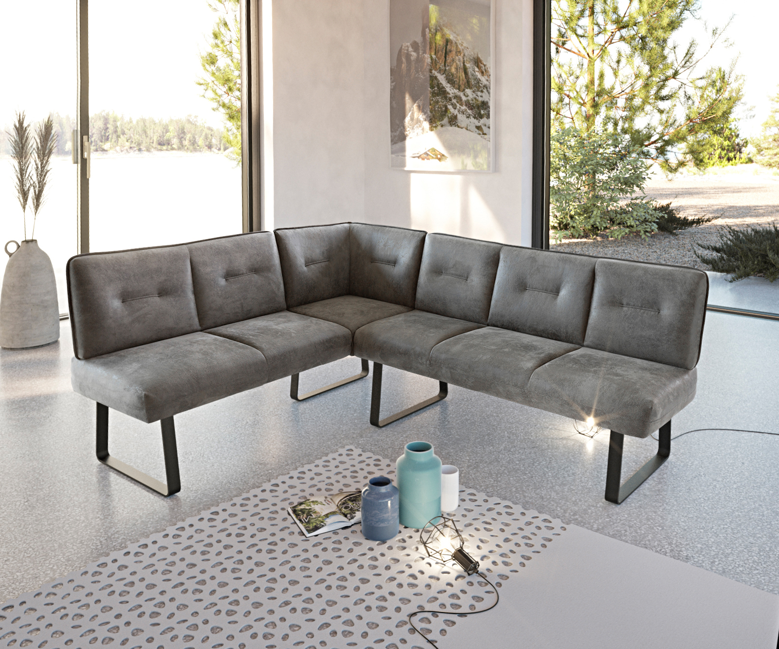 Rohová lavice Pavle 200x170 cm šedá vintage kovová černá podnož variabilní - Image 4