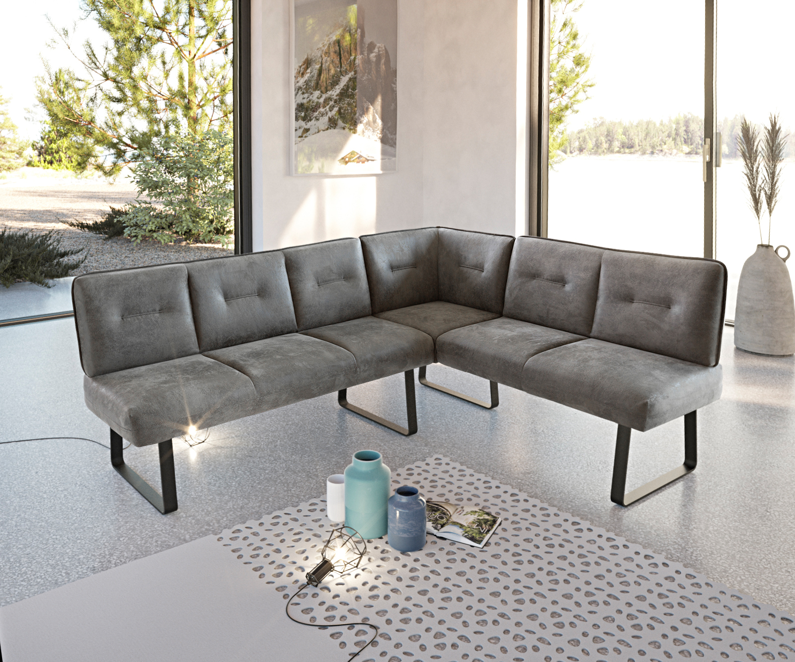 Rohová lavice Pavle 200x170 cm šedá vintage kovová černá podnož variabilní