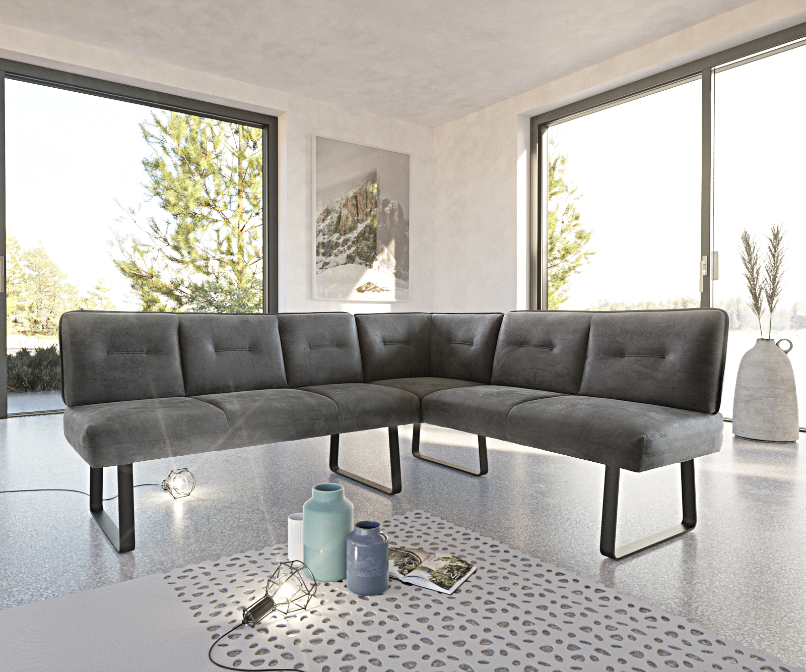 Rohová lavice Pavle 200x170 cm šedá vintage kovová černá podnož variabilní - Image 2