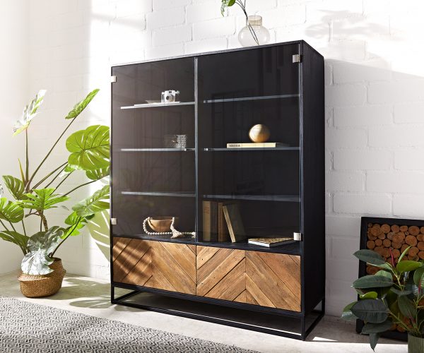 Vitrína Famke 120 cm mango teak 2 skleněné dvířka a 2 dřevěné dvířka