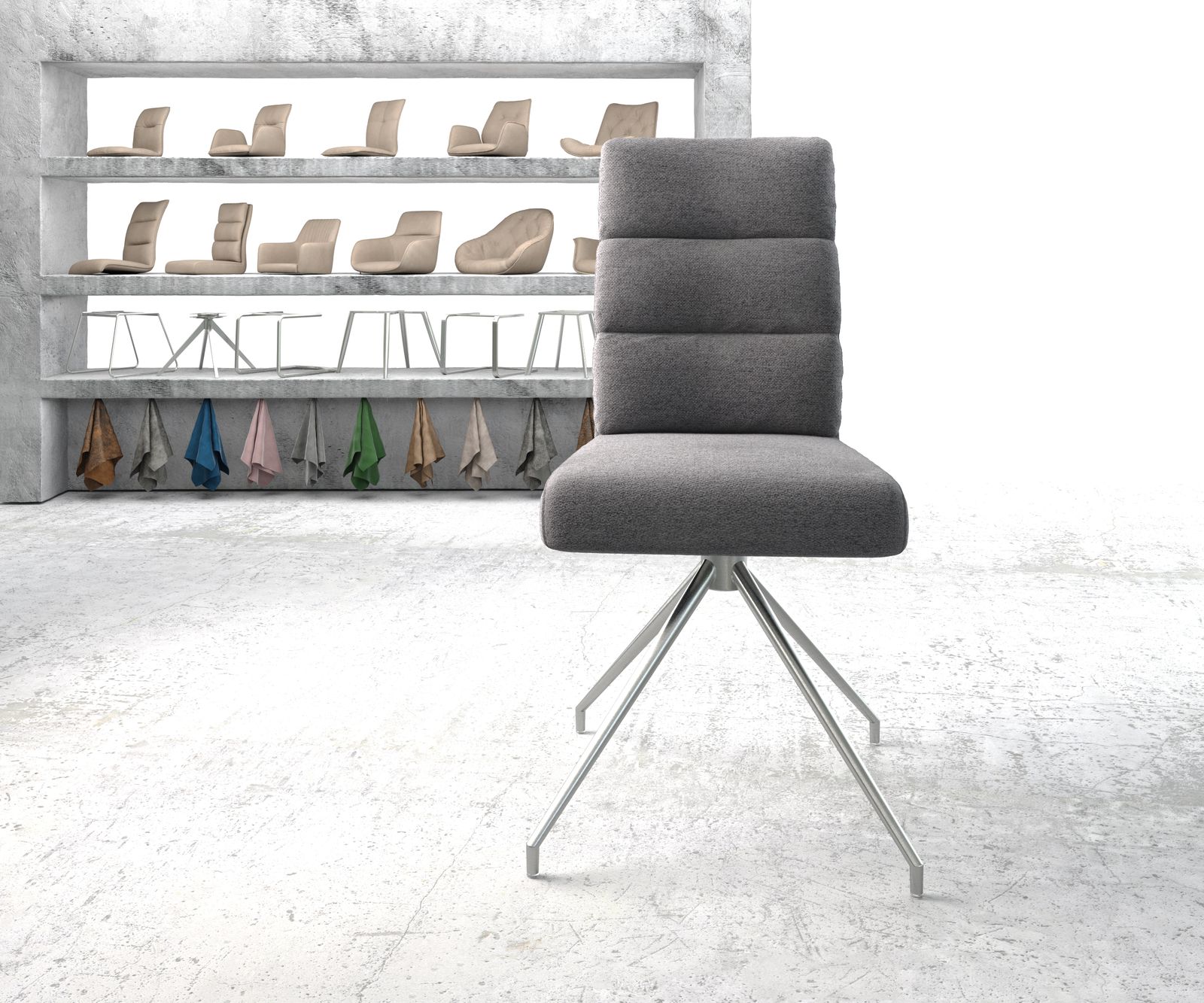 Otočná židle Pela-Flex Světle šedá strukturovaná tkanina Křížová podnož kuželová Nerezová ocel Otočná o 180° Kapesní pružinové jádro - Image 2