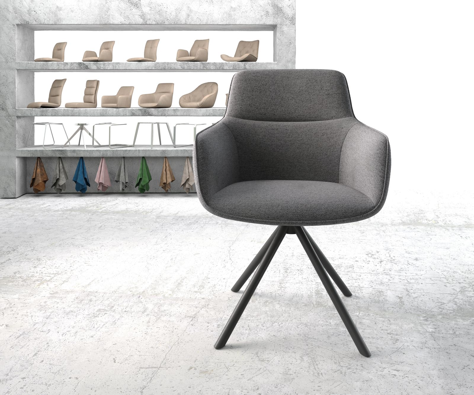 Otočná židle Pejo-Flex světle šedá texturovaná tkanina křížová podnož kulatá otočná černá - Image 2