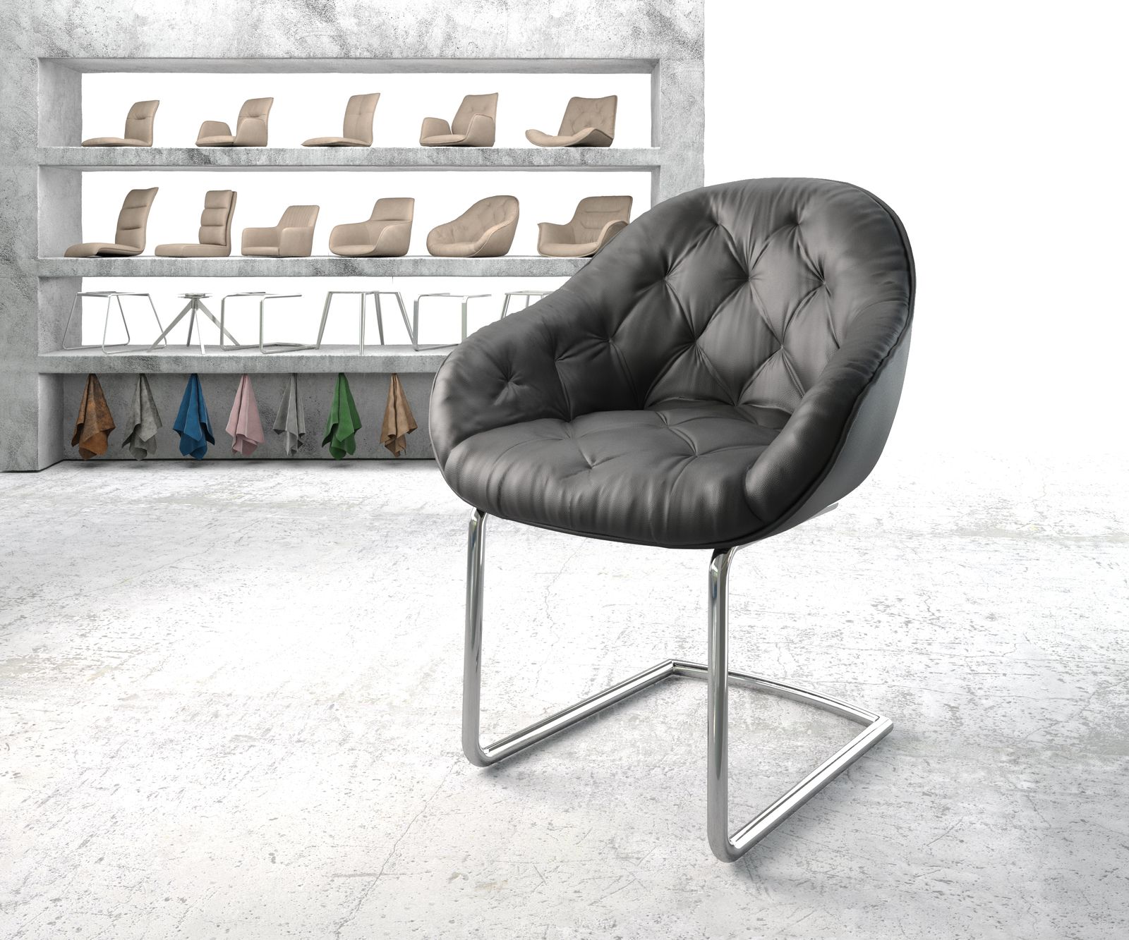 Křeslo Gaio-Flex Černá Pravá Kůže Cantilever Chair Round Chrom-plated
