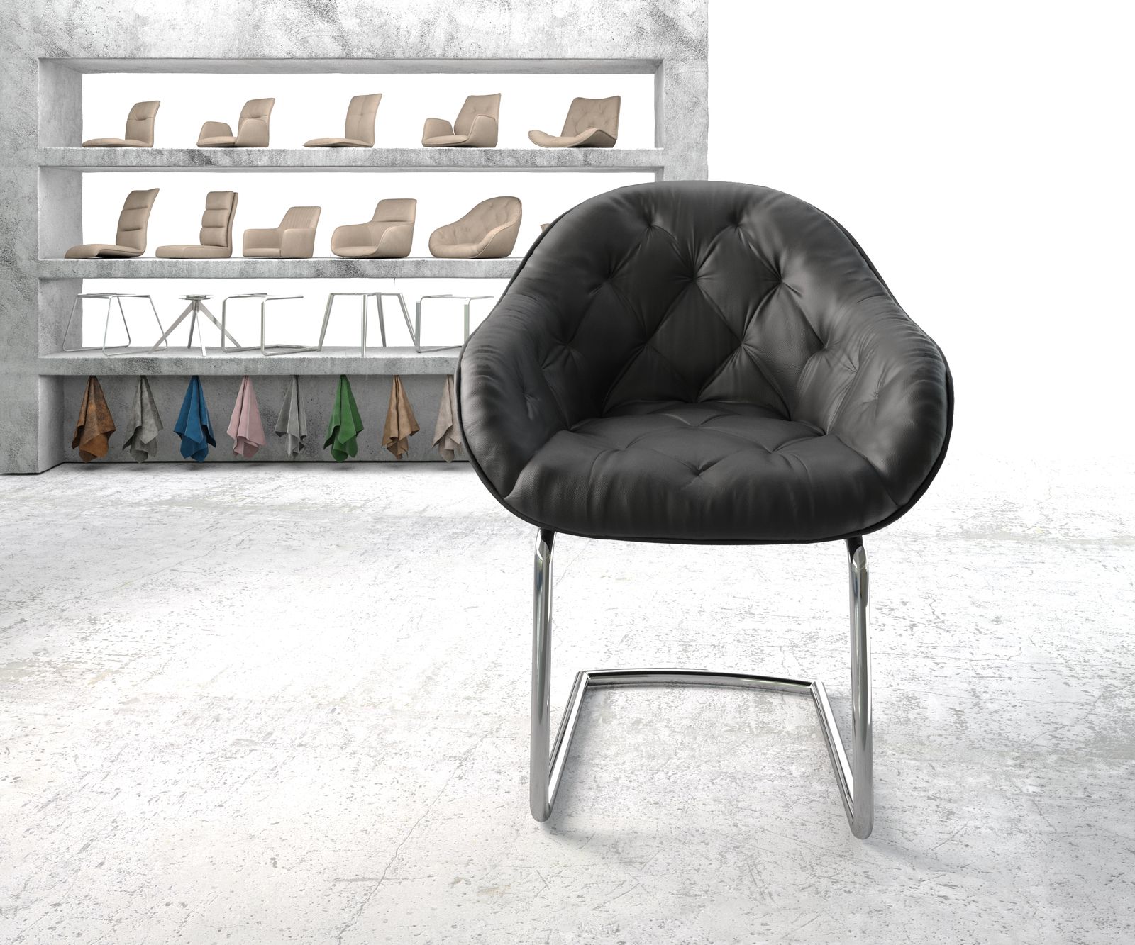 Křeslo Gaio-Flex Černá Pravá Kůže Cantilever Chair Round Chrom-plated - Image 2