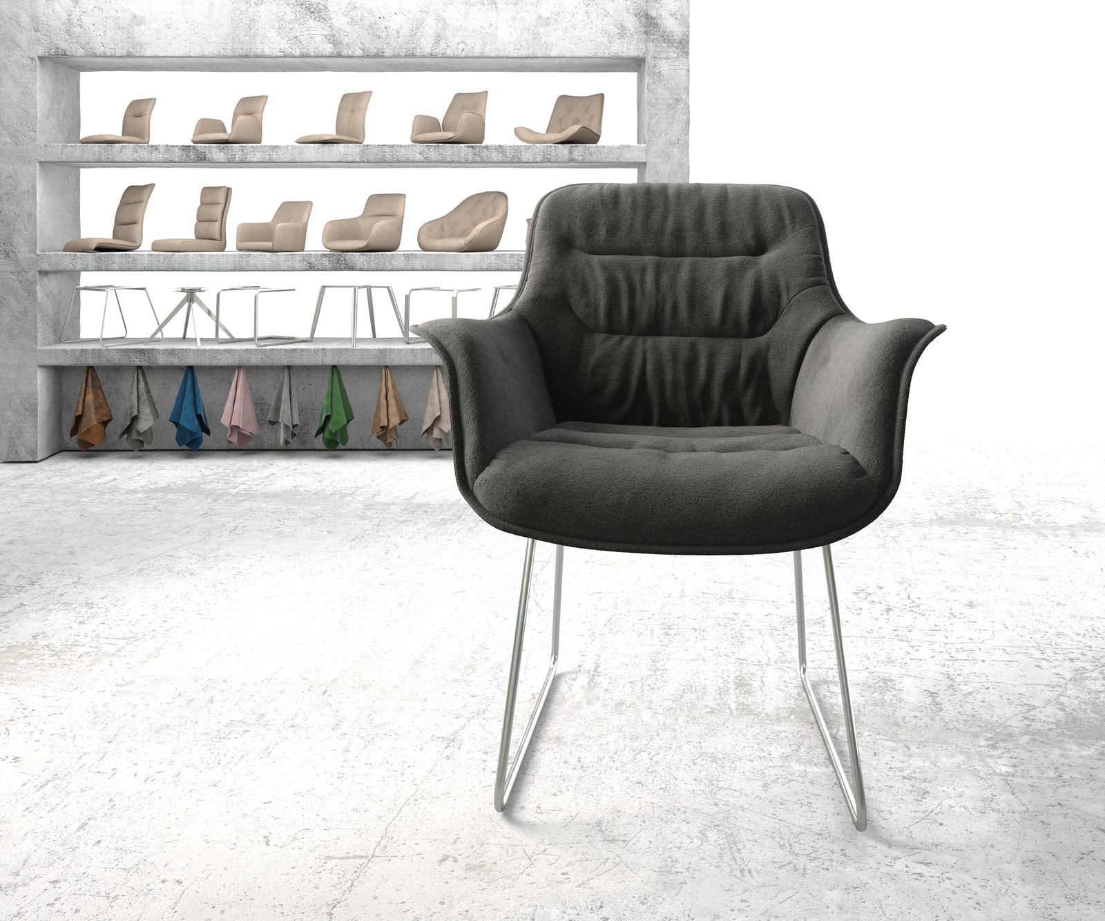 Jídelní židle Kaira-Flex Texturovaná tkanina Antracit Rám z nerezové oceli s ližinami - Image 2