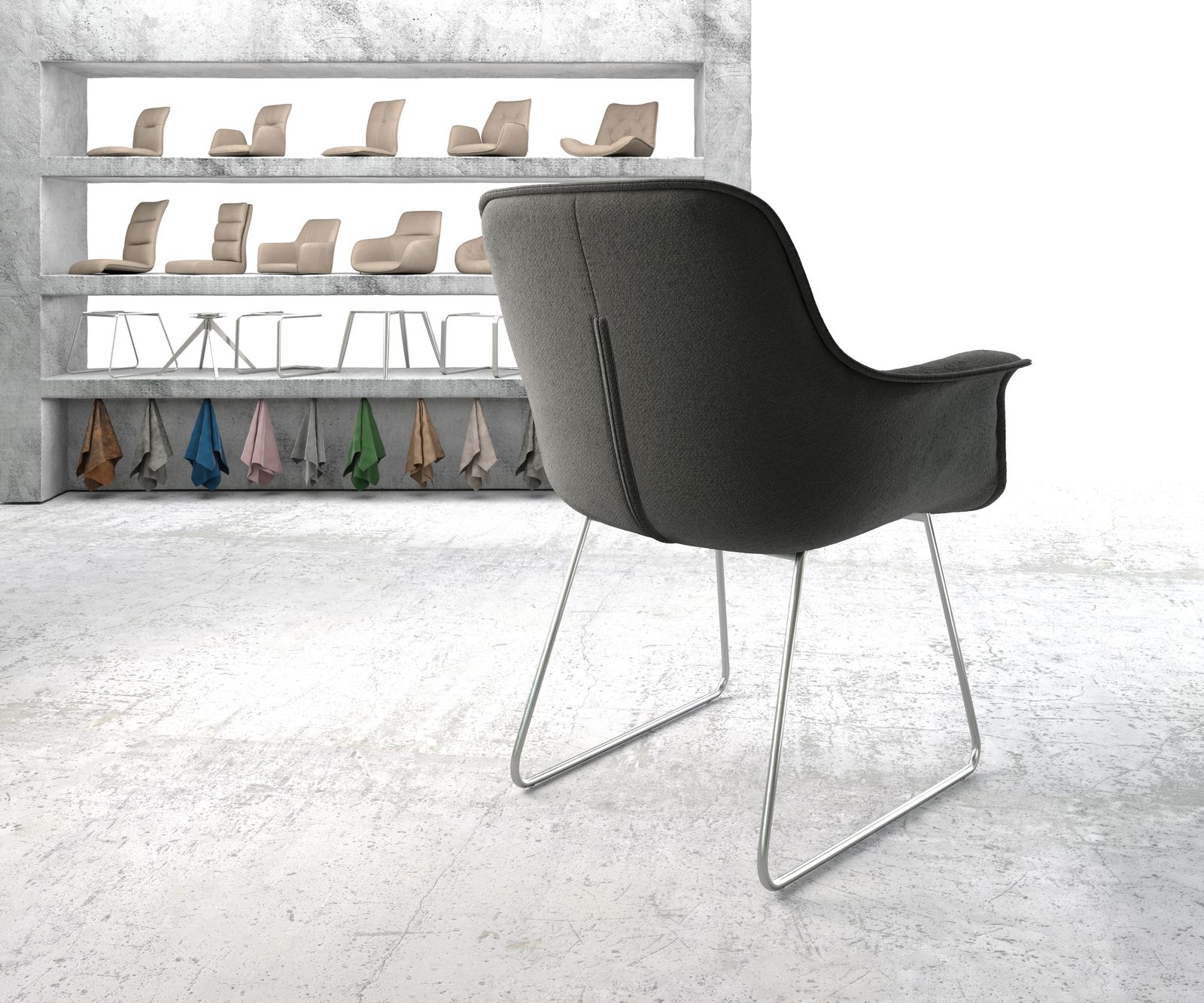 Jídelní židle Kaira-Flex Texturovaná tkanina Antracit Rám z nerezové oceli s ližinami - Image 3