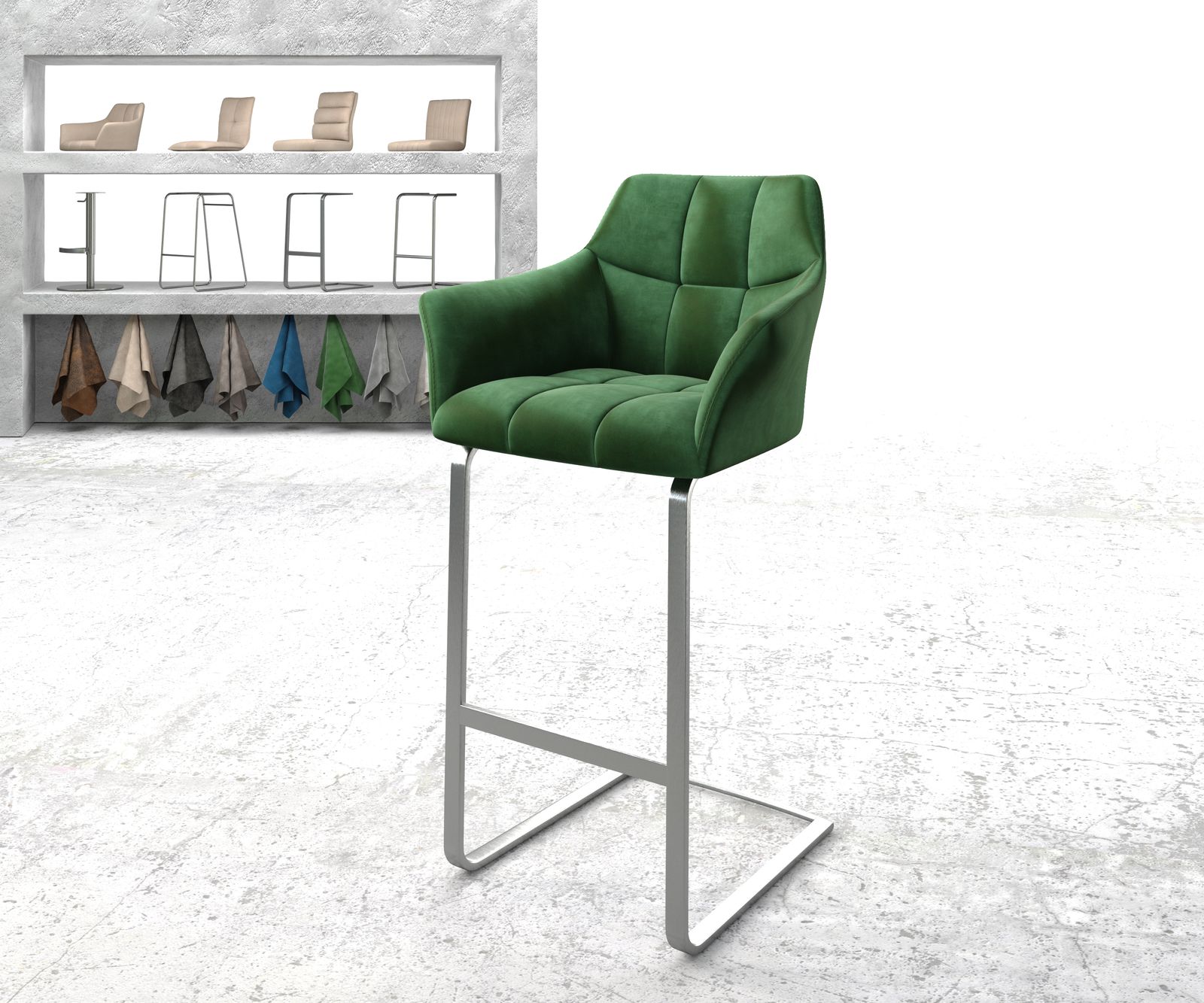 Barová židle Yulo-Flex sametově zelená konzolová podnož plochá nerezová ocel