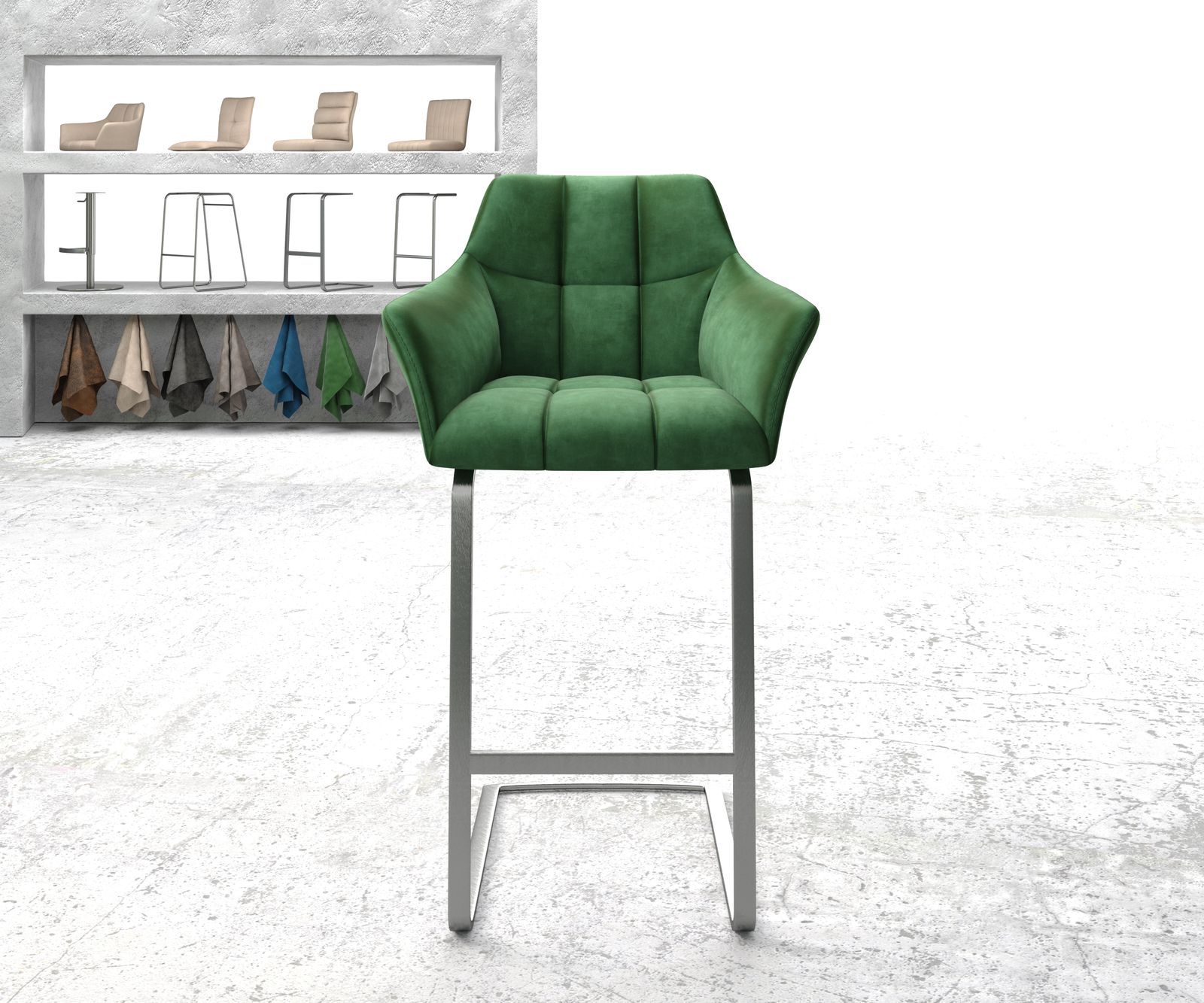 Barová židle Yulo-Flex sametově zelená konzolová podnož plochá nerezová ocel - Image 2