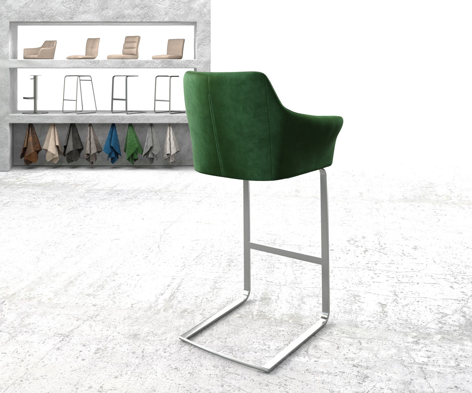 Barová židle Yulo-Flex sametově zelená konzolová podnož plochá nerezová ocel - Image 3