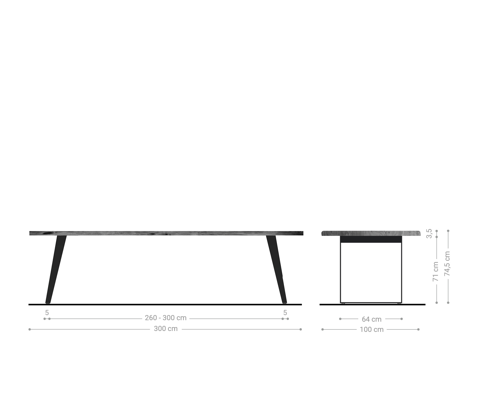 Étkezőasztal Edge 300x100 cm akác barna rozsdamentes acél ezüst ferde Live-Edge - Image 6
