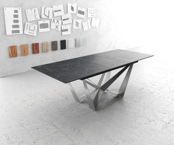 Étkezőasztal Edge 180-220x90 cm kerámia Laminam® Nero Greco antracit középső láb laposacél ezüst kihúzható