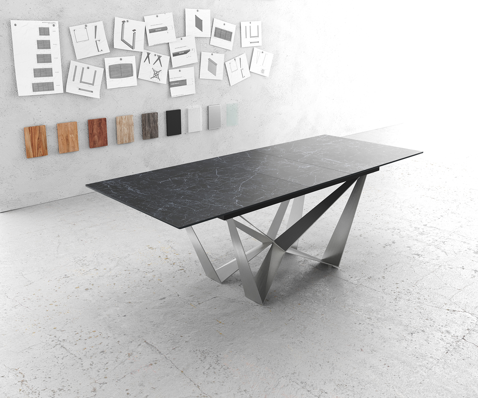 Étkezőasztal Edge 180-220x90 cm kerámia Laminam® Nero Greco antracit középső láb laposacél ezüst kihúzható