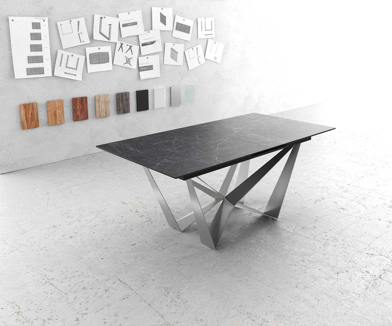 Étkezőasztal Edge 180-220x90 cm kerámia Laminam® Nero Greco antracit középső láb laposacél ezüst kihúzható - Image 2