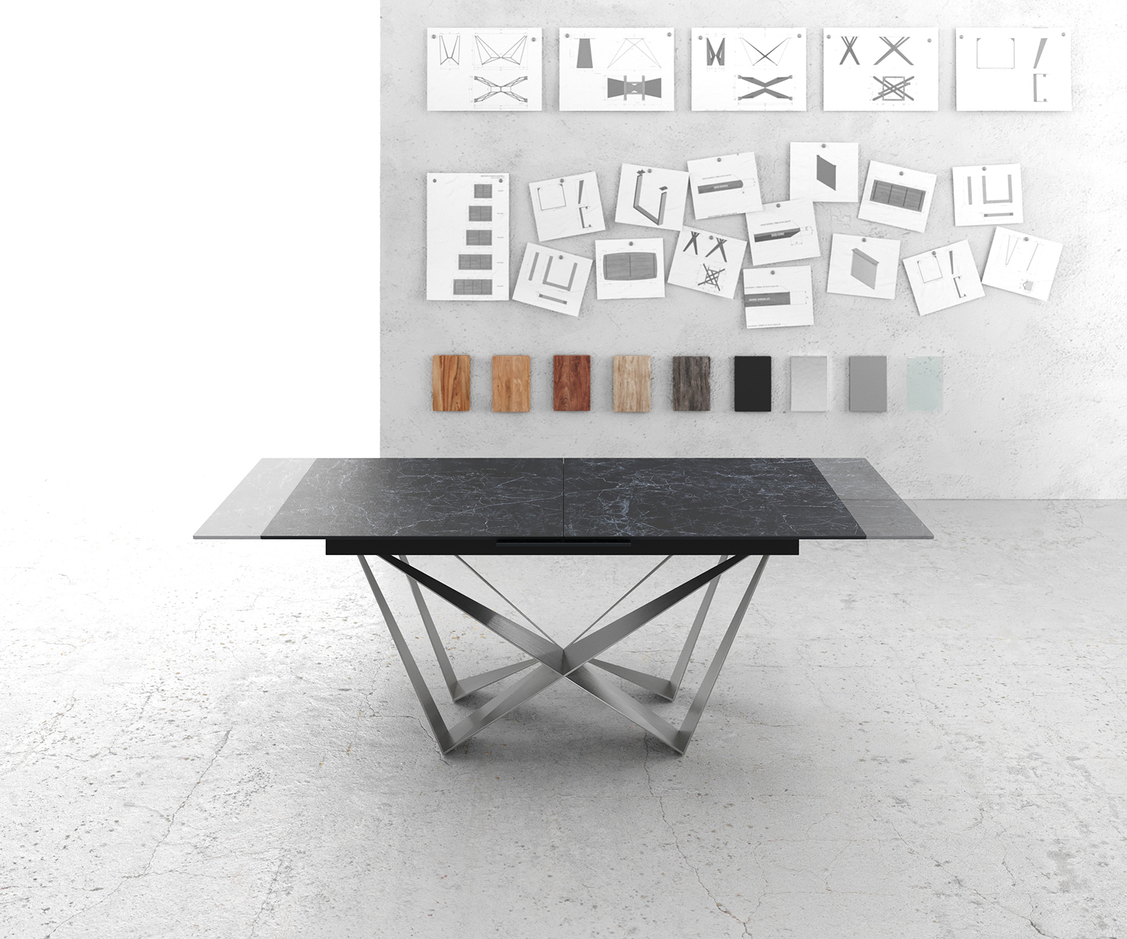 Étkezőasztal Edge 180-220x90 cm kerámia Laminam® Nero Greco antracit középső láb laposacél ezüst kihúzható - Image 6