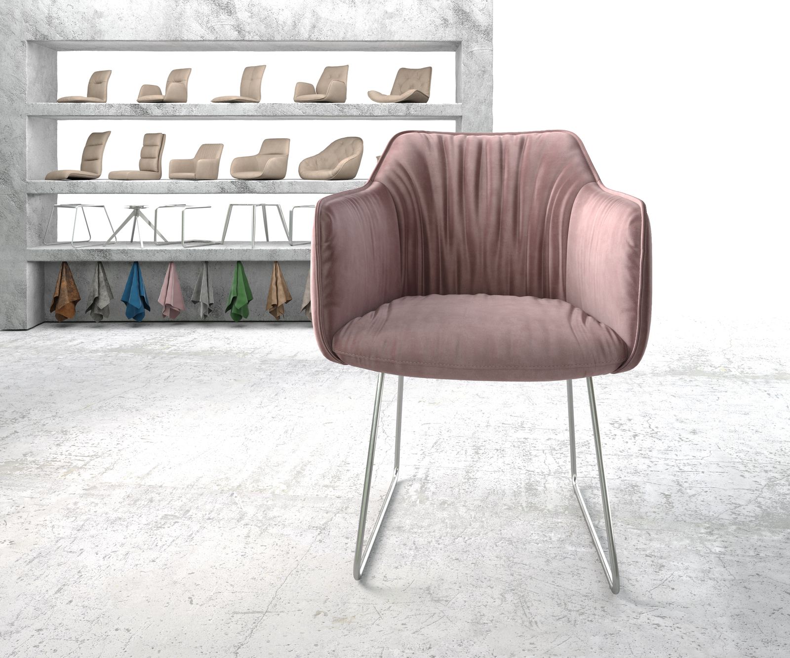 Křeslo Elda-Flex s područkami Velvet Rosé Skid Frame Nerezová ocel - Image 2