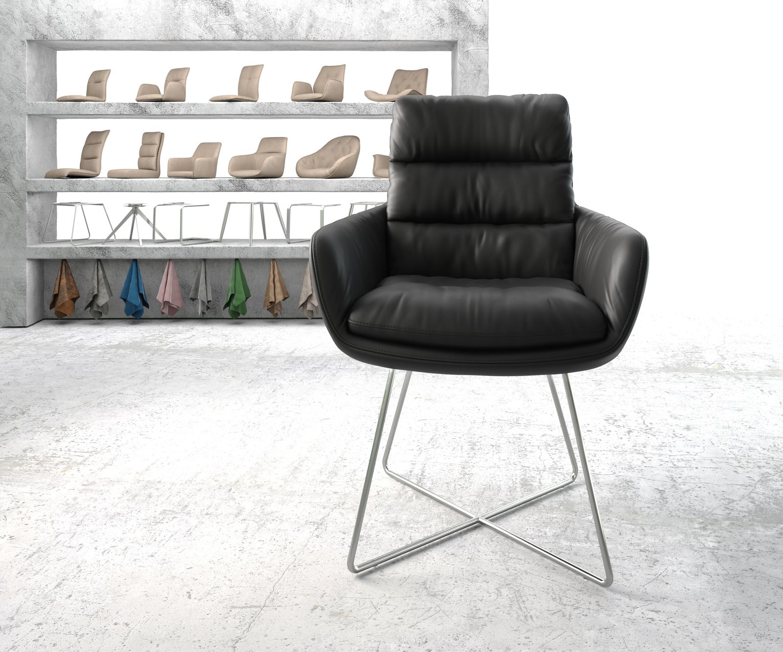 Jídelní židle Abelia-Flex s područkou pravá kůže černá podnož ve tvaru "X" z nerezové oceli - Image 2