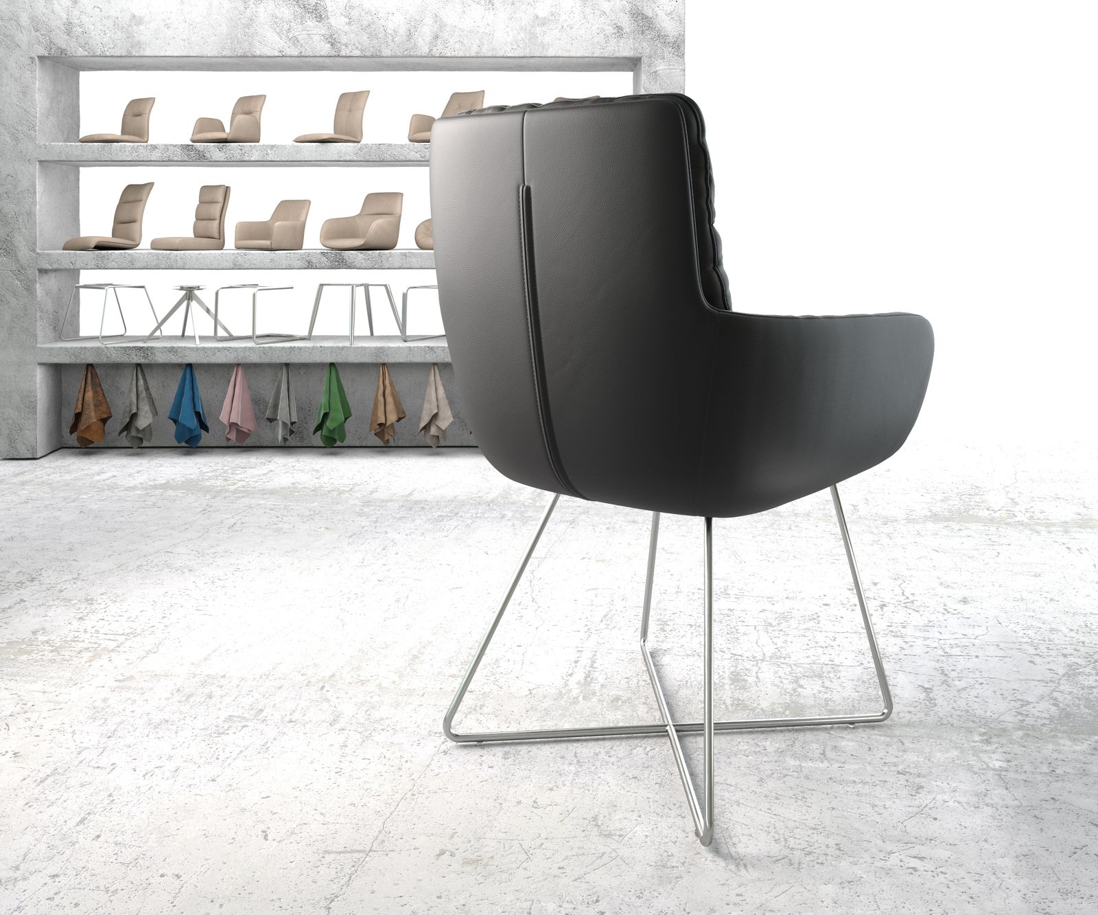 Jídelní židle Abelia-Flex s područkou pravá kůže černá podnož ve tvaru "X" z nerezové oceli - Image 3