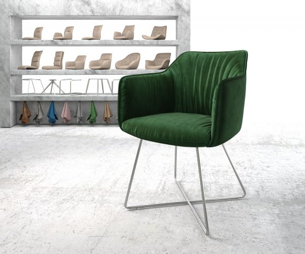 Jídelní židle Elda-Flex s područkami sametově zelená podnož ve tvaru "X" nerezová ocel