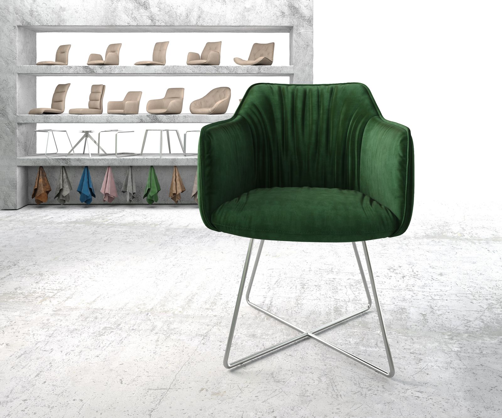 Jídelní židle Elda-Flex s područkami sametově zelená podnož ve tvaru "X" nerezová ocel - Image 2