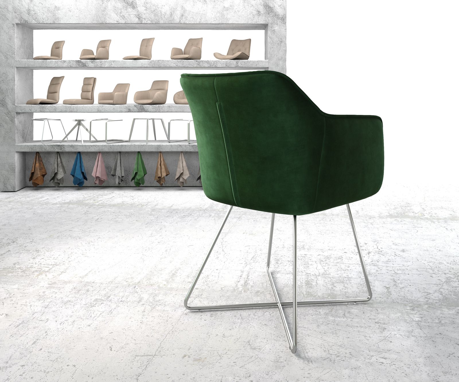 Jídelní židle Elda-Flex s područkami sametově zelená podnož ve tvaru "X" nerezová ocel - Image 3