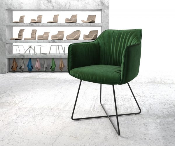 Jídelní židle Elda-Flex s područkami sametově zelená podnož ve tvaru "X" černá